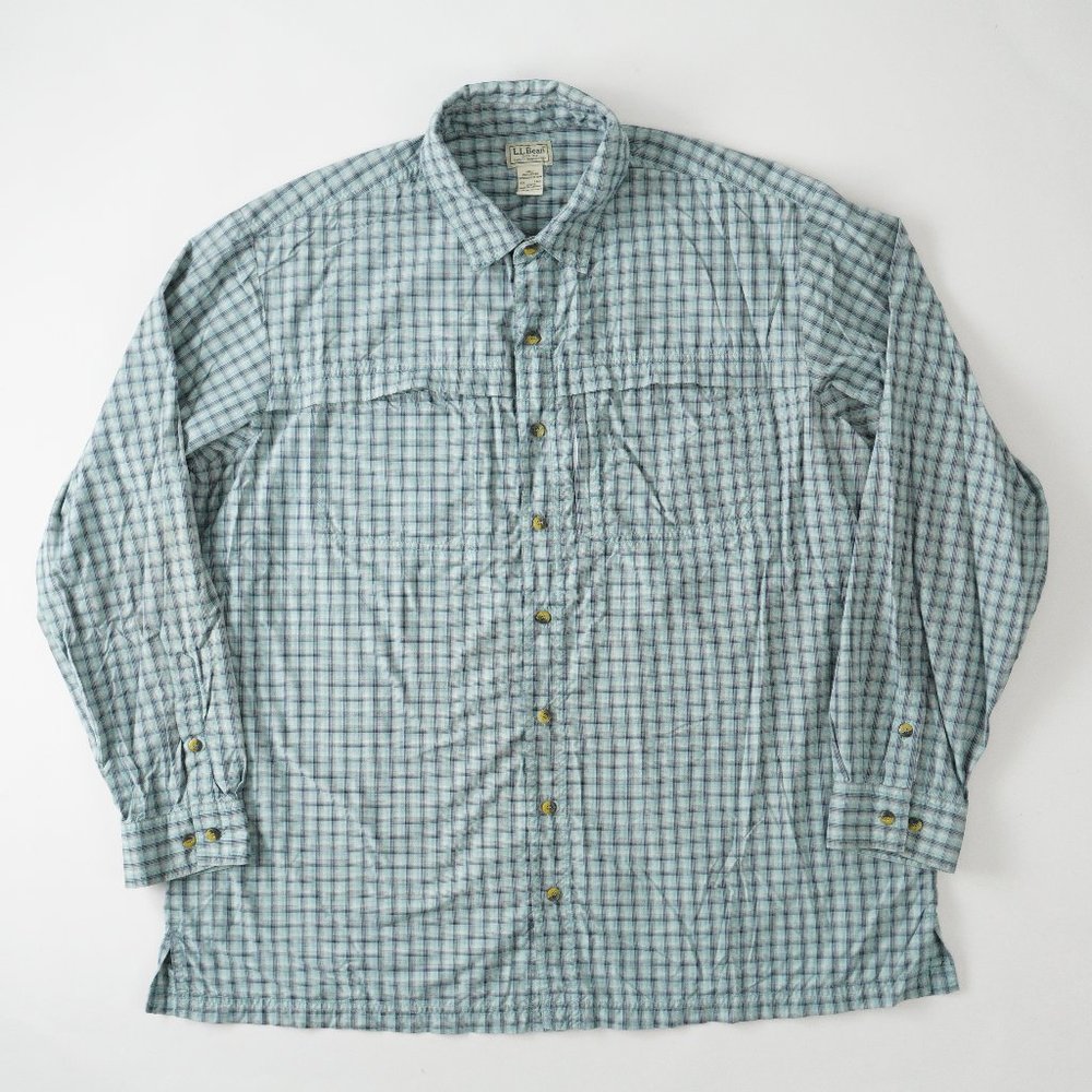 LL Bean Nylon Shirt Outdoor Hiking Rolltab Sleeve Plaid Mens Size XXLT TALL